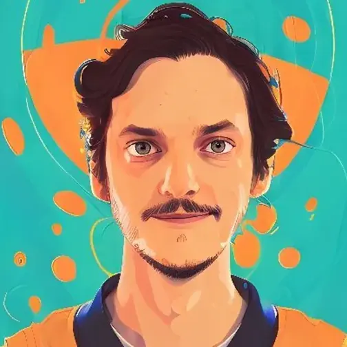A graphic image of a man looking into the camera, themed with orange and green coloring. 