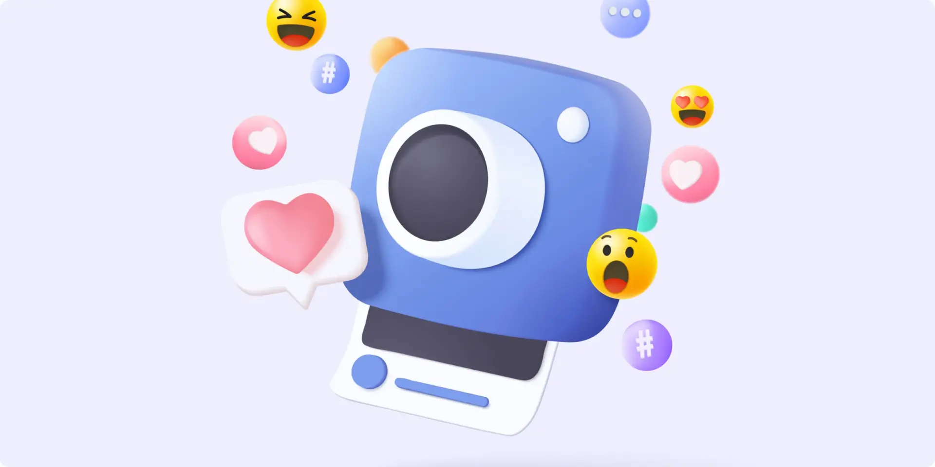 Decorative illustration of a camera with emoji floating around it.