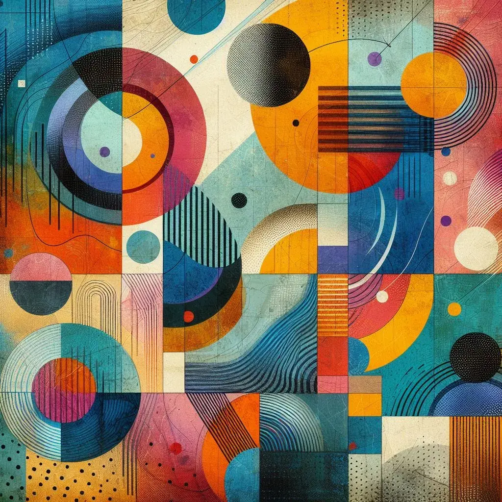 An abstract image with circles, swirls, lines, and textured elements in teal, orange, and red