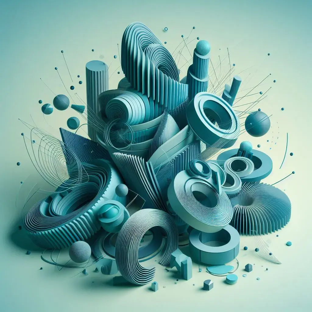 Abstract spheres and cylinders, teal