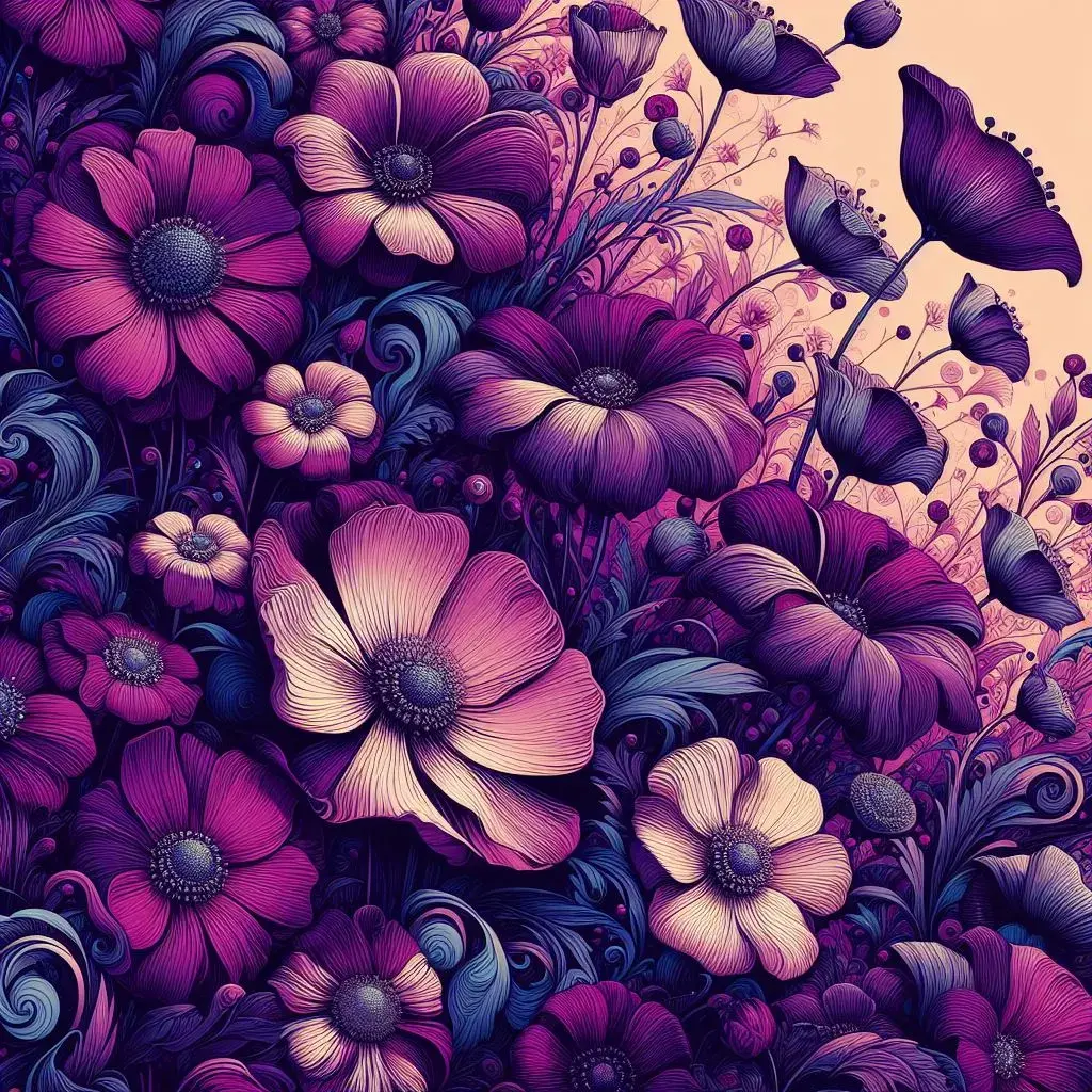 Vibrant purple illustrated flowers on a peach background