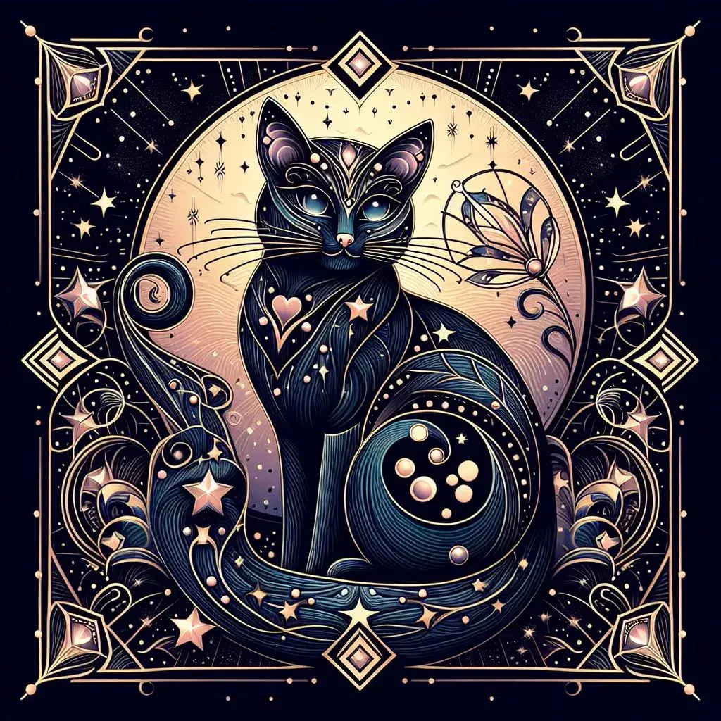 A black illustrated cat with gold patterns and swirls, surrounded by gold stars and an art deco frame