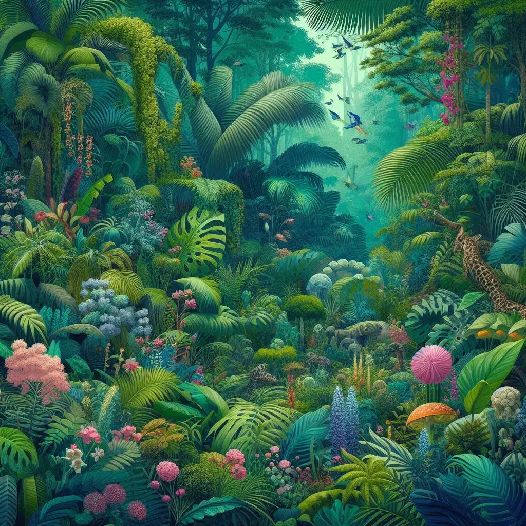 An illustrated jungle with birds, ferns, flowers, and trees 