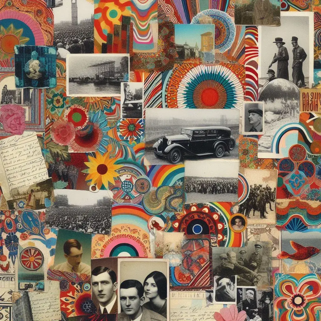 A corkboard-style collage with vintage black and white photographs, rainbows, and colorful decorative elements