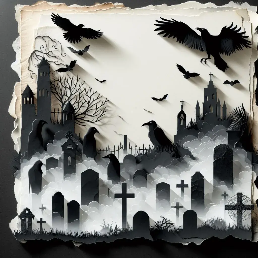 A spooky layered paper graveyard with a worn, textured look