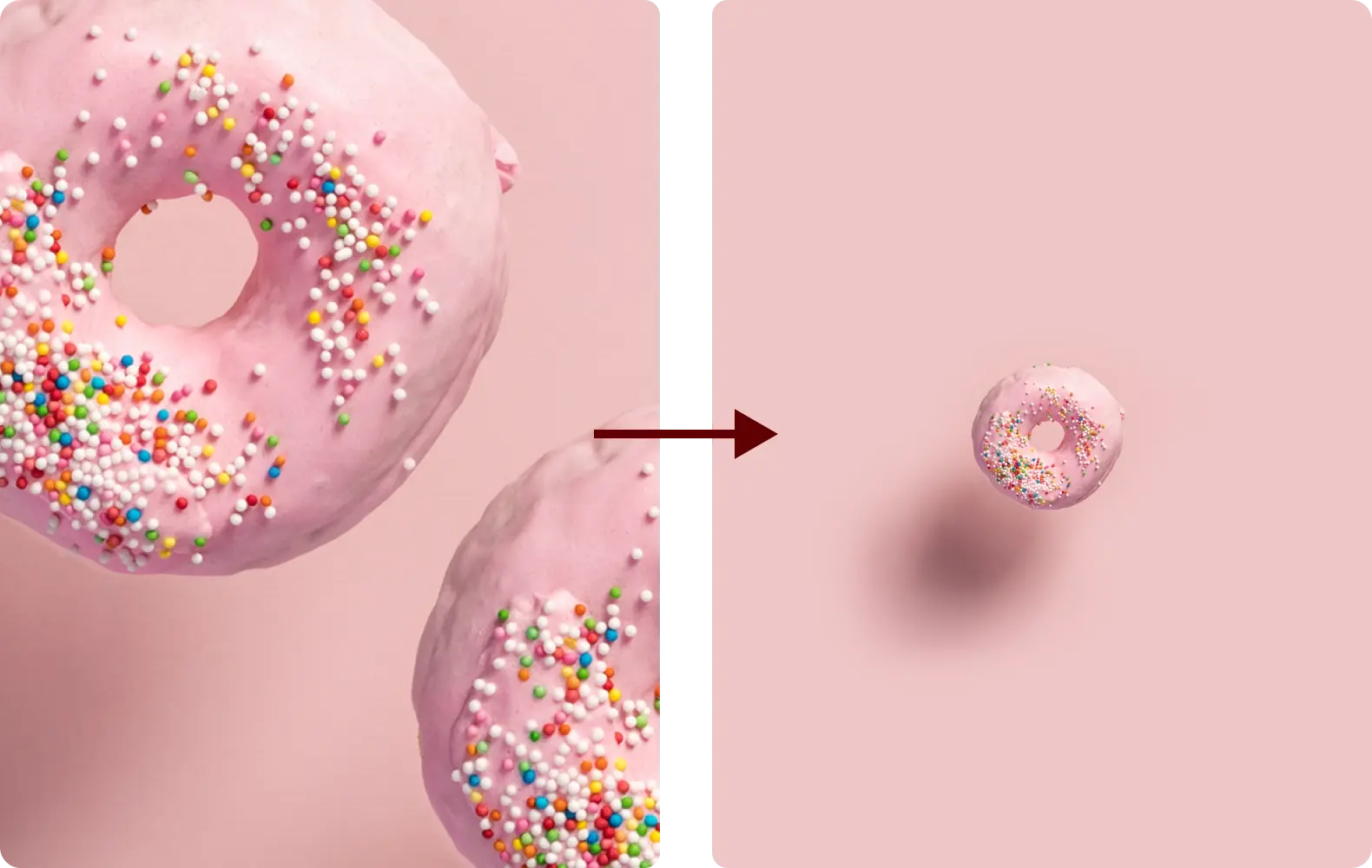 Side-by-side images of doughnuts. The image on the left is a tight crop with very little negative space around the doughnut. The image on the right is a single doughnut with lots of space around it.