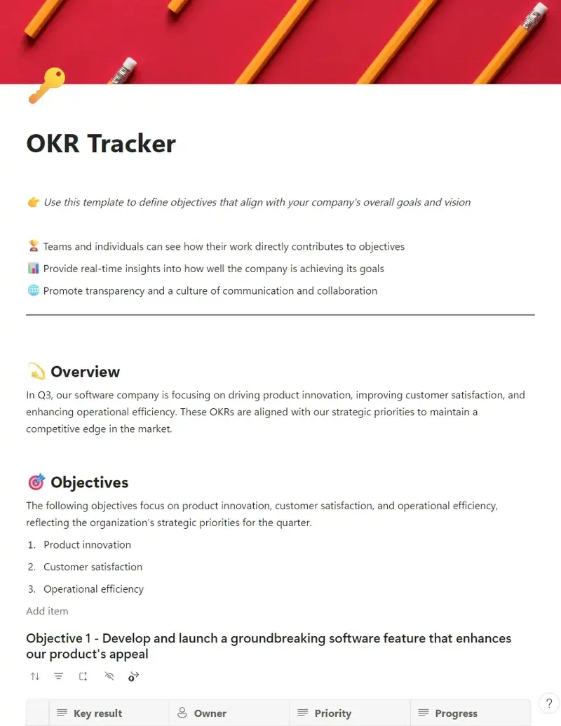 The OKR tracker template for Loop 