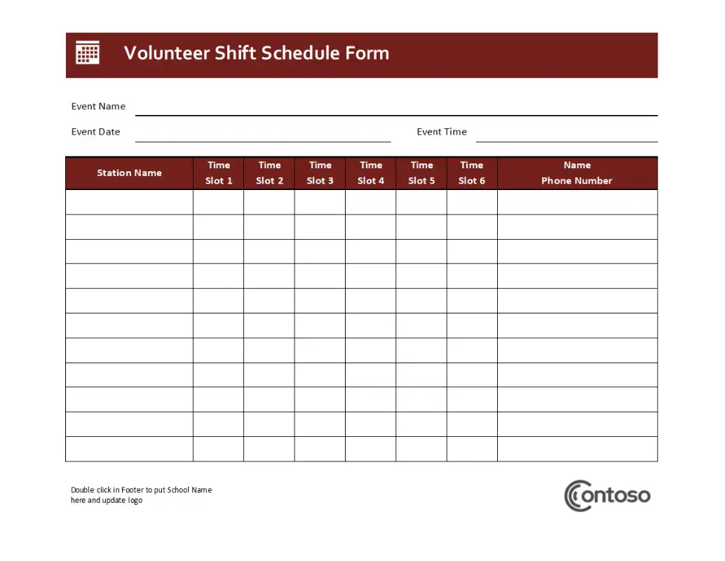 Volunteer shift schedule template for Microsoft Word