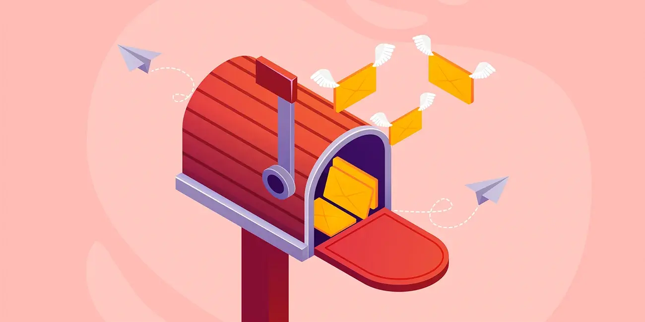 Illustration of a mailbox with letters flying out of it.