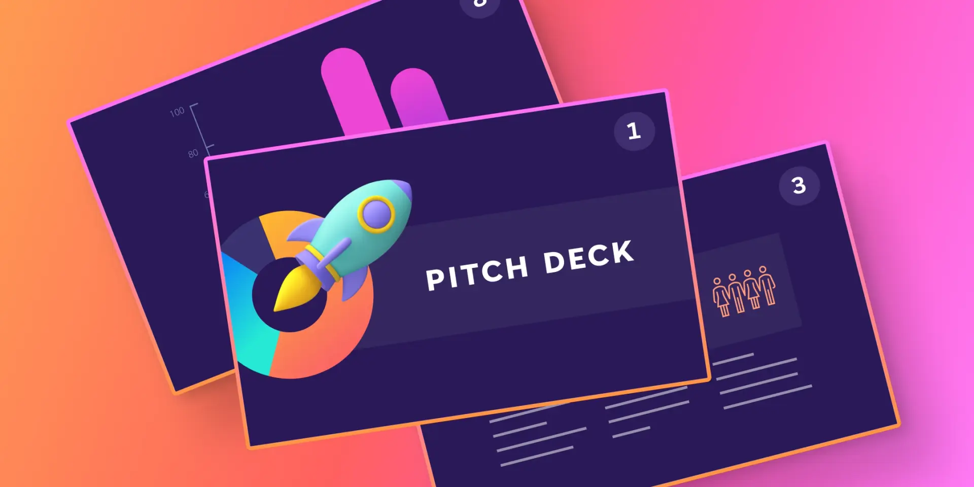 A graphic of three pitch decks layered on top of each other on a gradient background