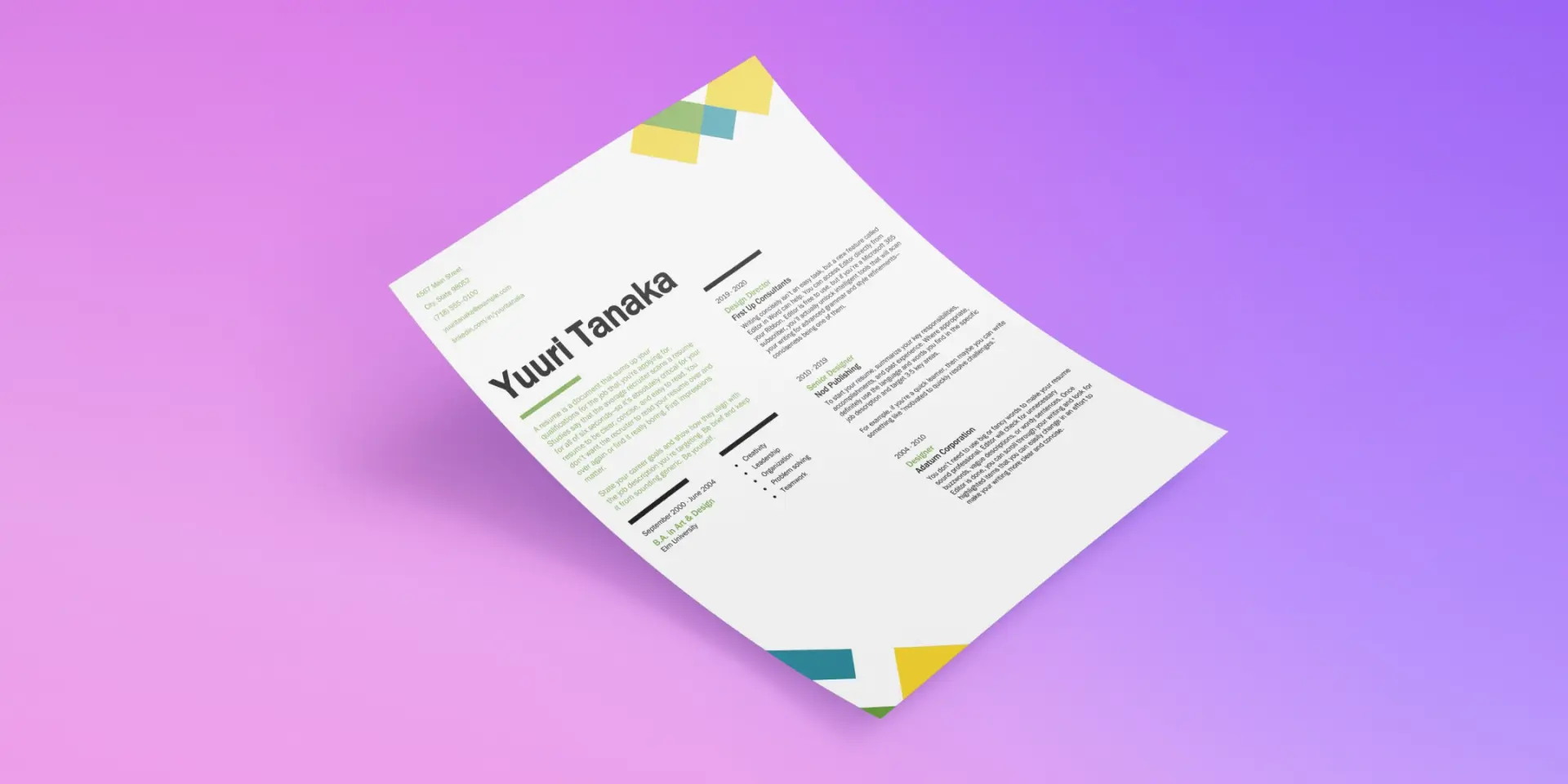 A colorful, printed resume placed on a purple background.