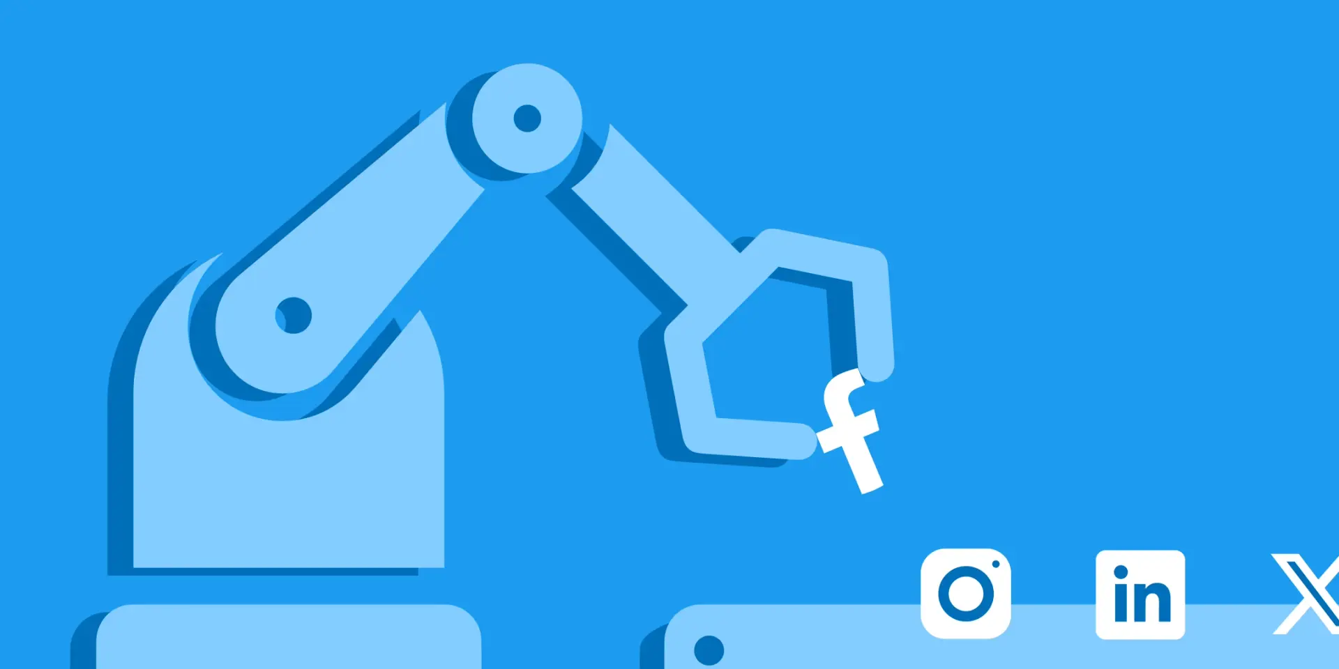 blue graphic of robot arm grabbing a Facebook logo