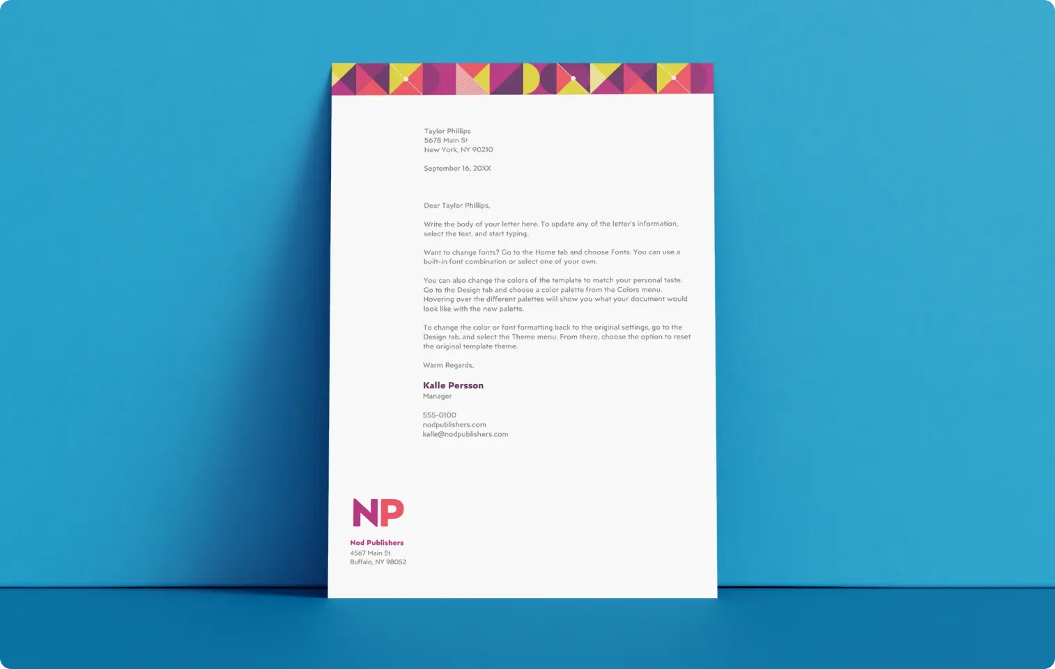 Letterhead with a colorful, geometric design.