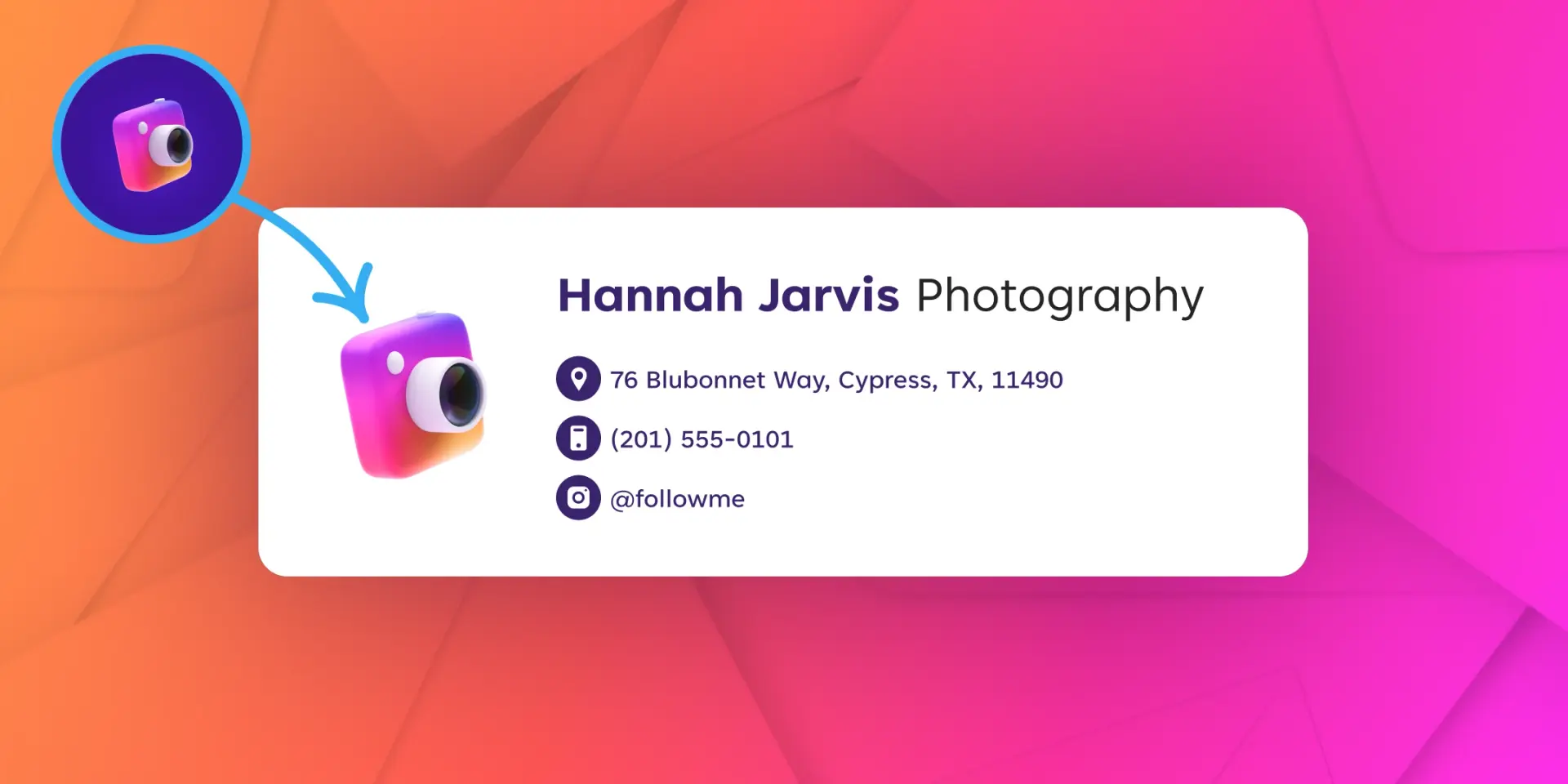 A visual of an email signature with contact details on a orange and pink background. 