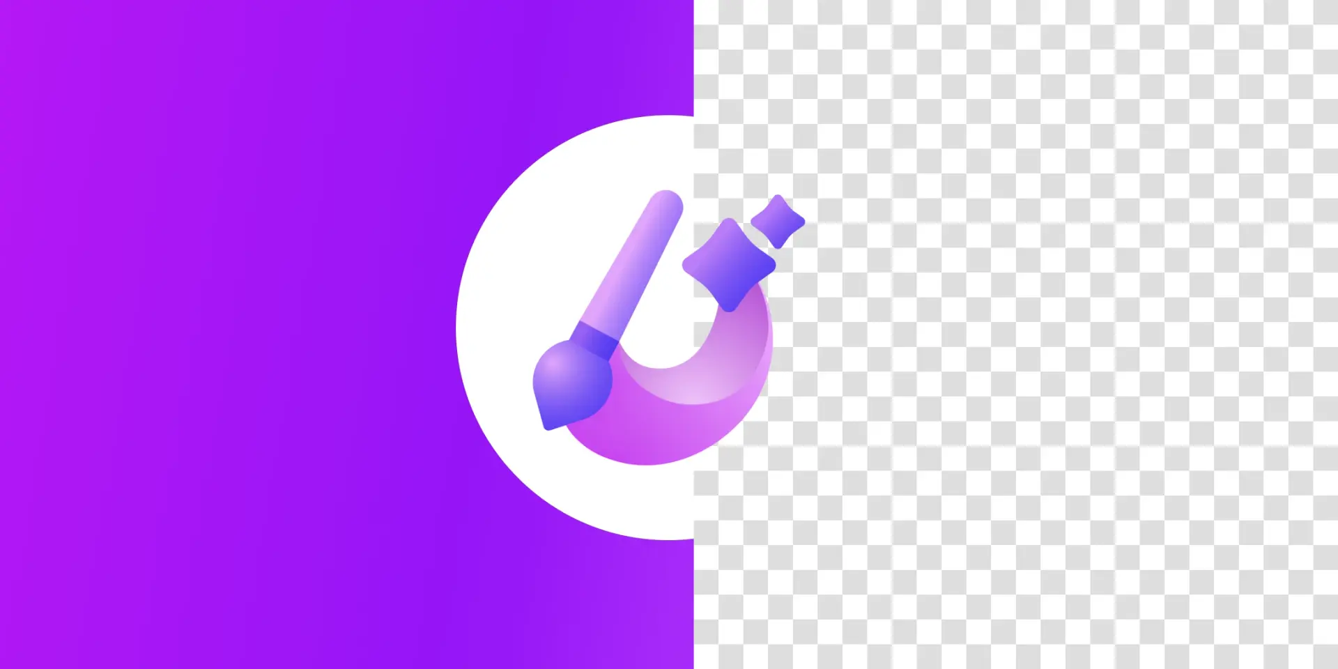 A purple Microsoft Designer logo in a white circle set on a background that's purple on one side and checkered on the other. 