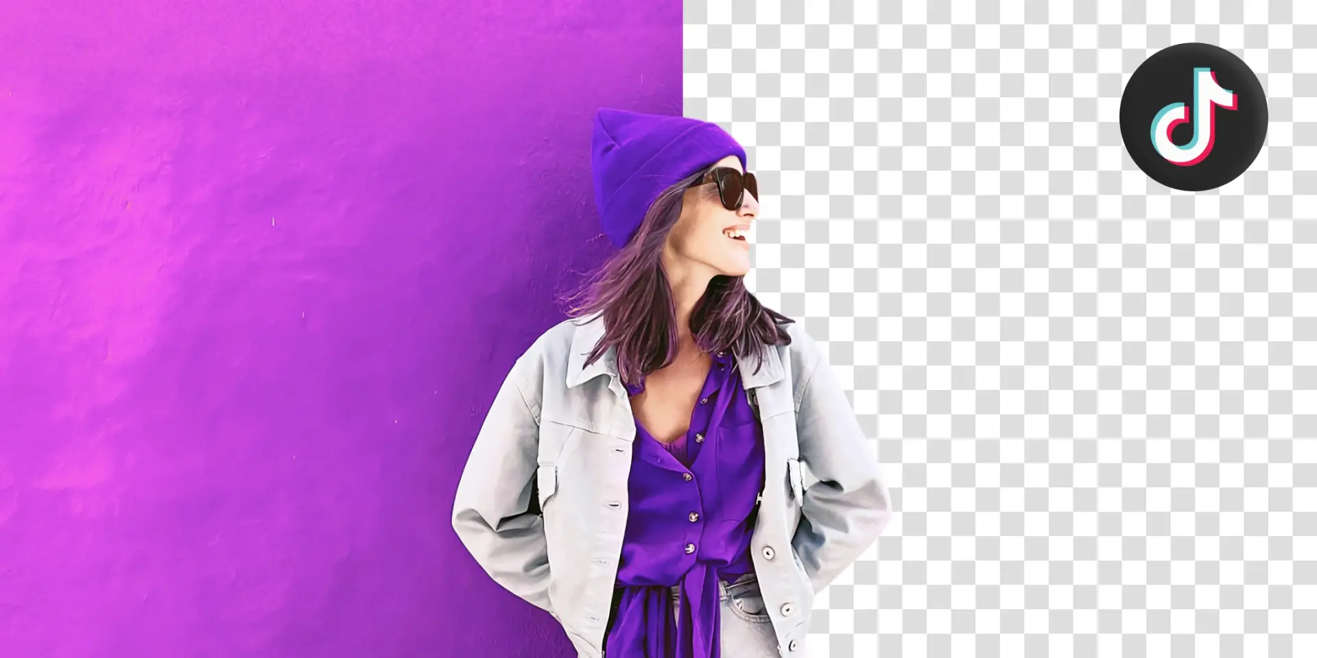 A visual of a woman standing with a purple background on one side and a checkered background on the other side. 