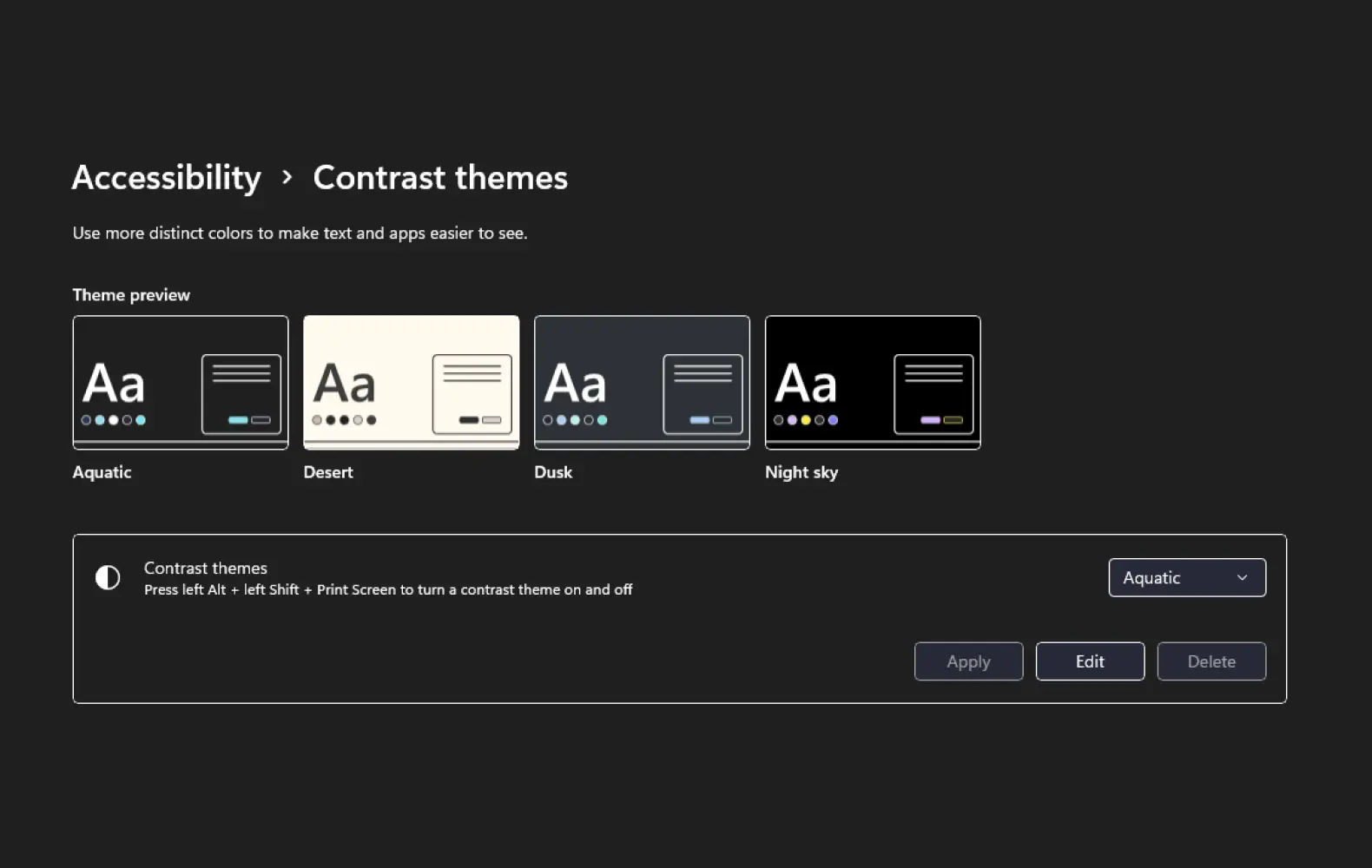 A screenshot of an accessibility setting in Microsoft that makes your desktop theme high-contrast 