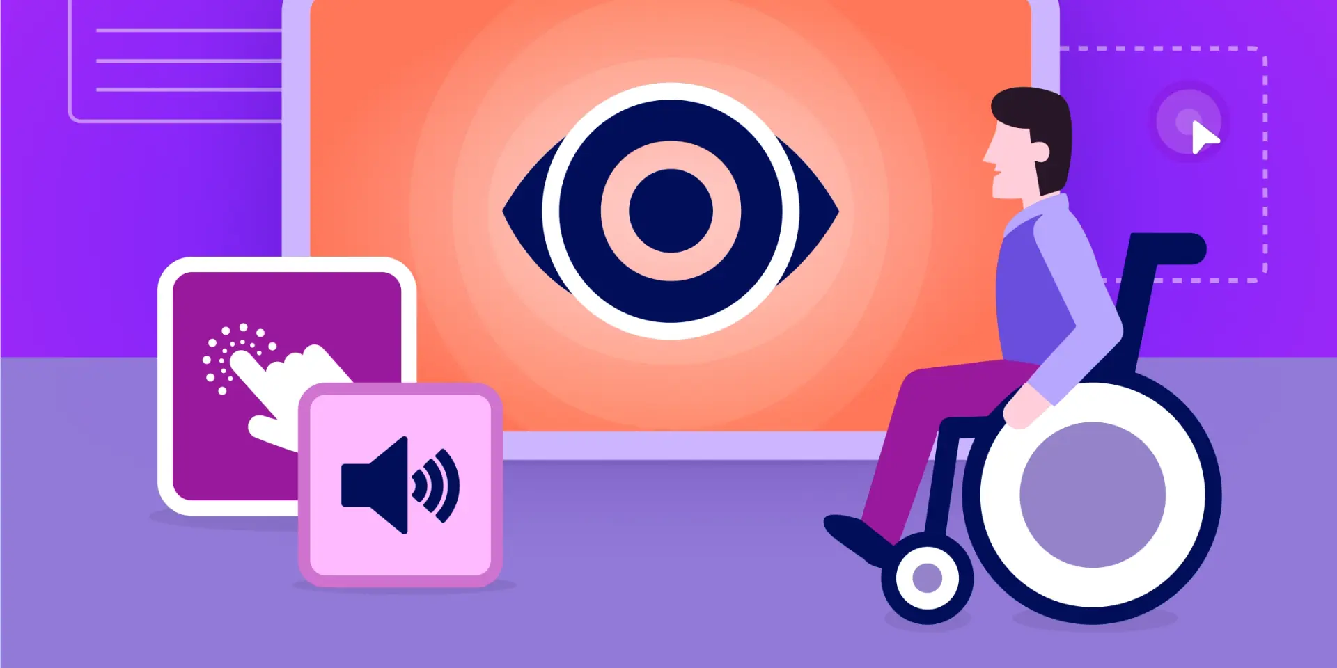 A graphic illustration of a computer screen next to a man in a wheelchair. Symbols representing accessibility - an eye, a cursor icon and a speaker graphic - appear throughout the design.