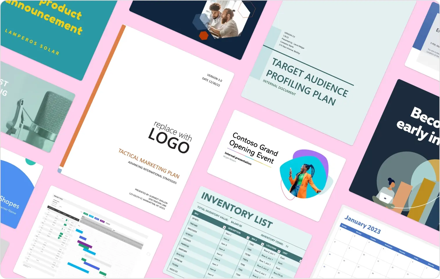 various branding examples with a pink background