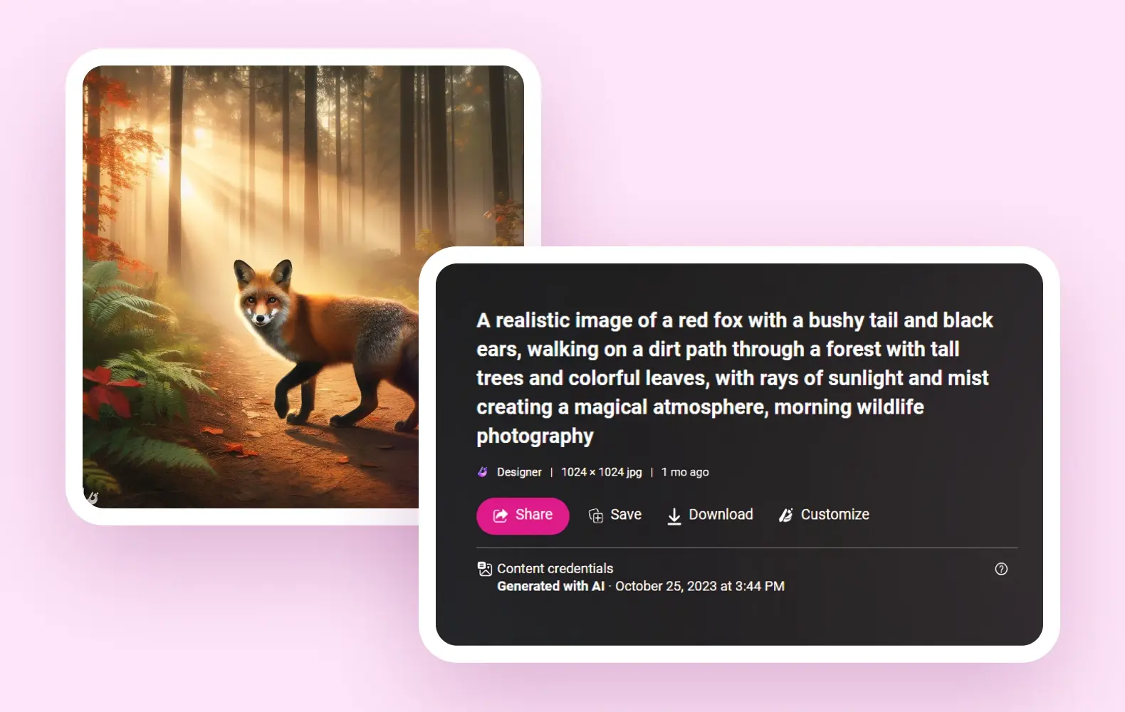 An AI-generated image of a fox in a forest and the prompt that created it 