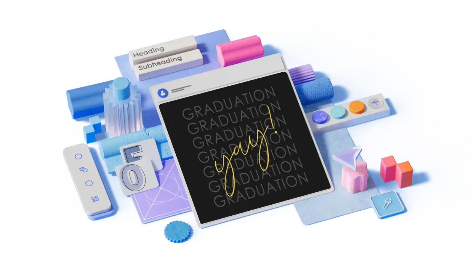 Graduation template surrounded by 3D illustrated design elements