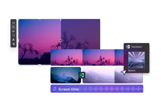 Bir yatay gün batımı videosuna uygulanan Clipchamp'taki geçişler, müzik ve video düzenleme araçları