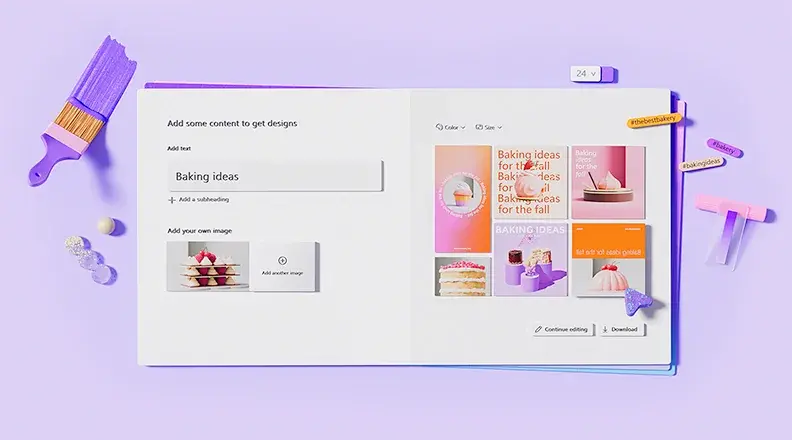 Teksti ja piltide lisamine Microsoft Designeris tehisintellekti loodud pagarikujunduste loomiseks