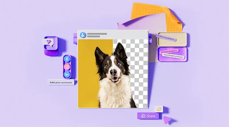 Fotoğrafın sağ tarafından arka planı kaldırılmış siyah beyaz bir köpek fotoğrafı