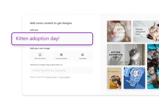 Tekst met betrekking tot katjes toevoegen aan sjablonen voor katjes in Microsoft Designer