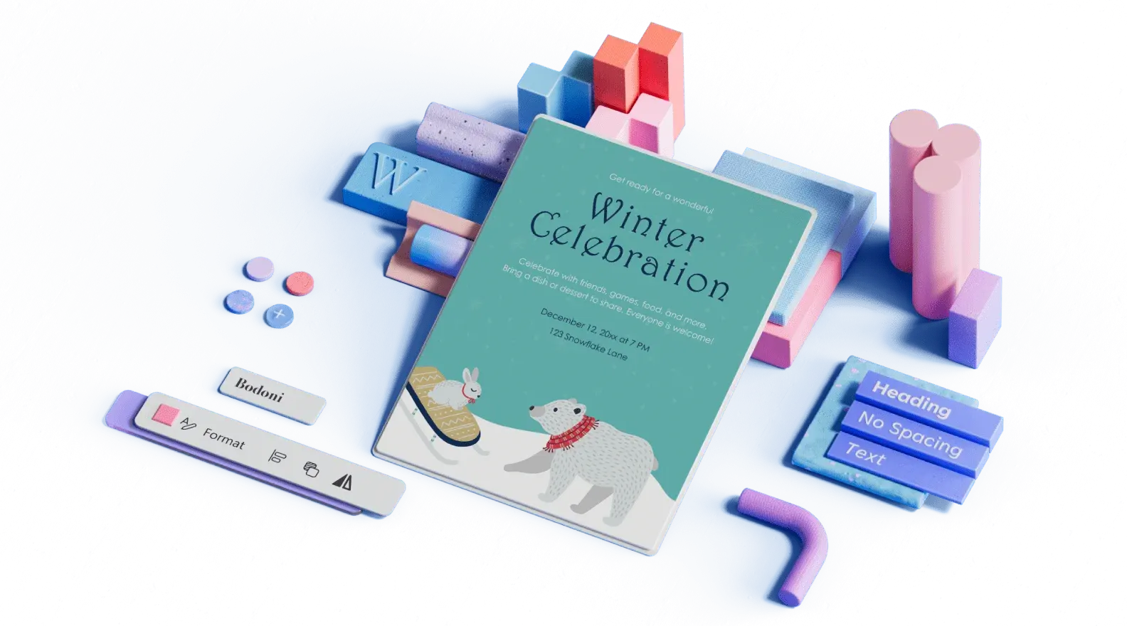 Predloga napovedi za zimsko praznovanje, obkrožena s 3D-ilustriranimi elementi načrta