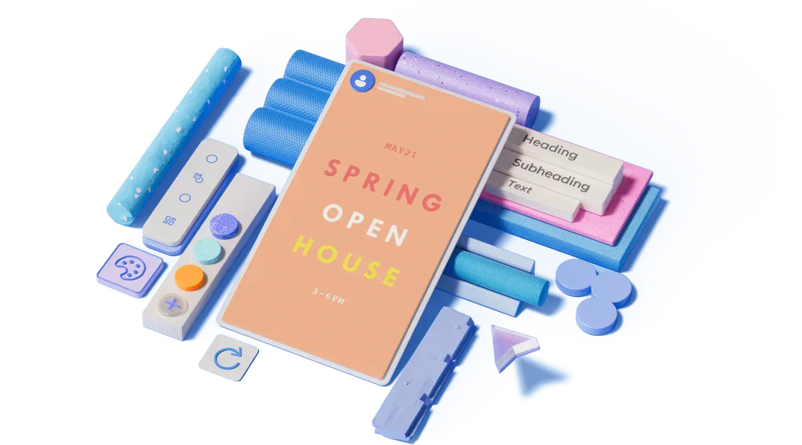 Kevään avoimien ovien päivä -malli, jonka ympärillä on 3D-kuvitettuja suunnitteluelementtejä