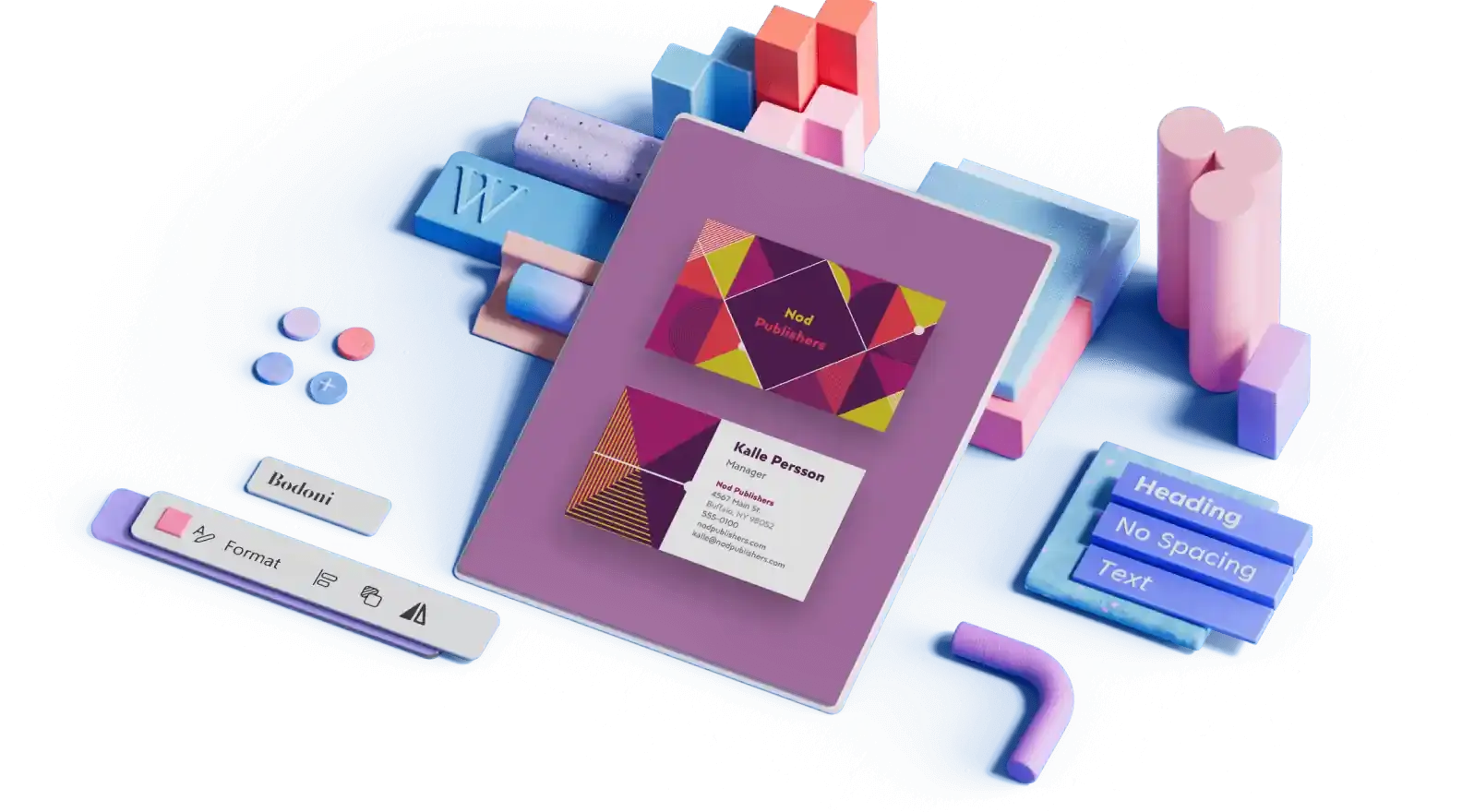 Шаблон за дизайн на визитна картичка с удебелен геометричен цвят, заобиколен от 3D дизайнерски елементи