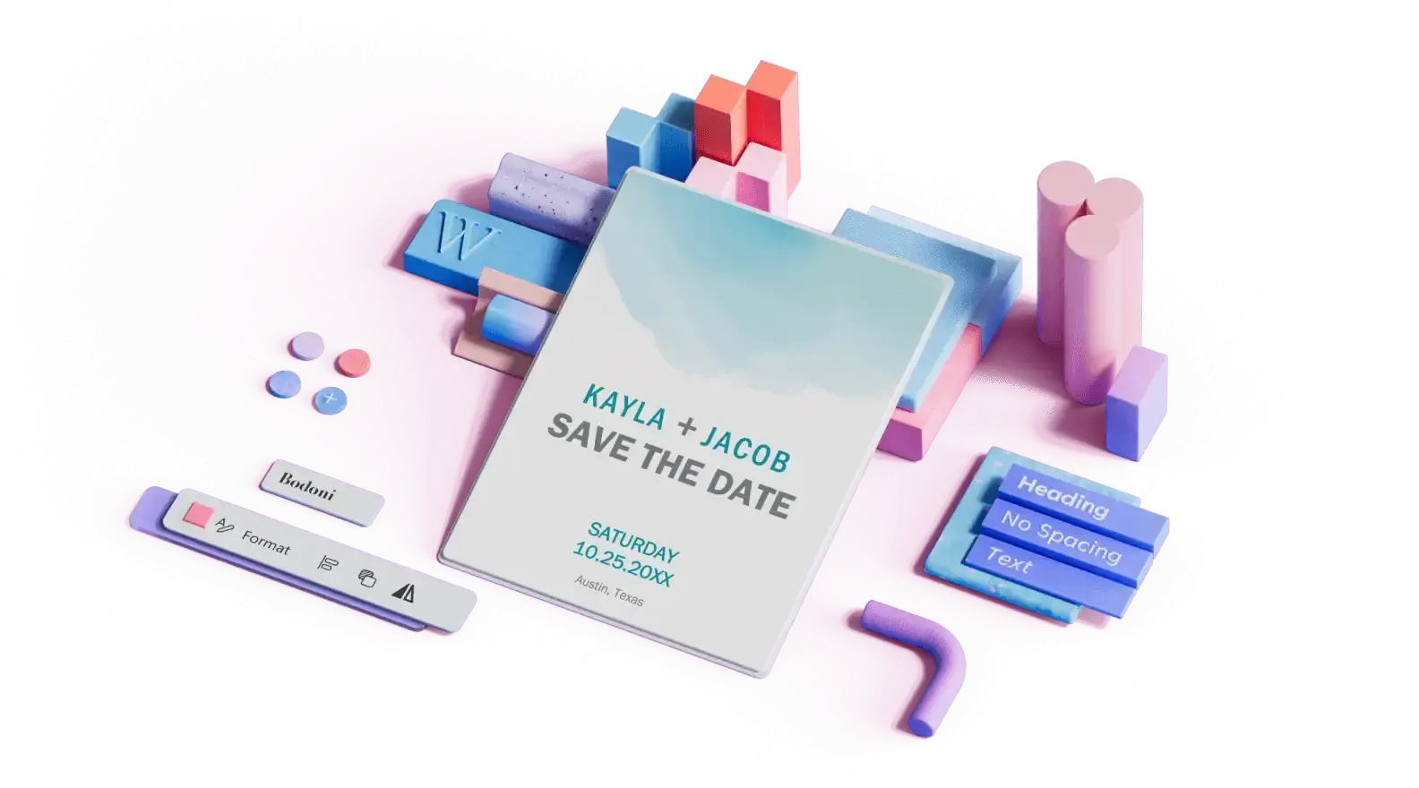 De huwelijkssjabloon Save the date, omgeven door 3D-designelementen