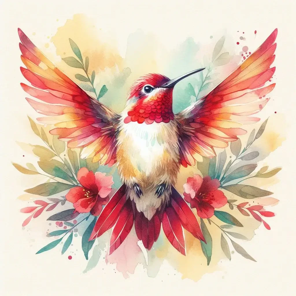 A watercolor hummingbird, centered, in red and yellow with a soft cream, watercolor background.