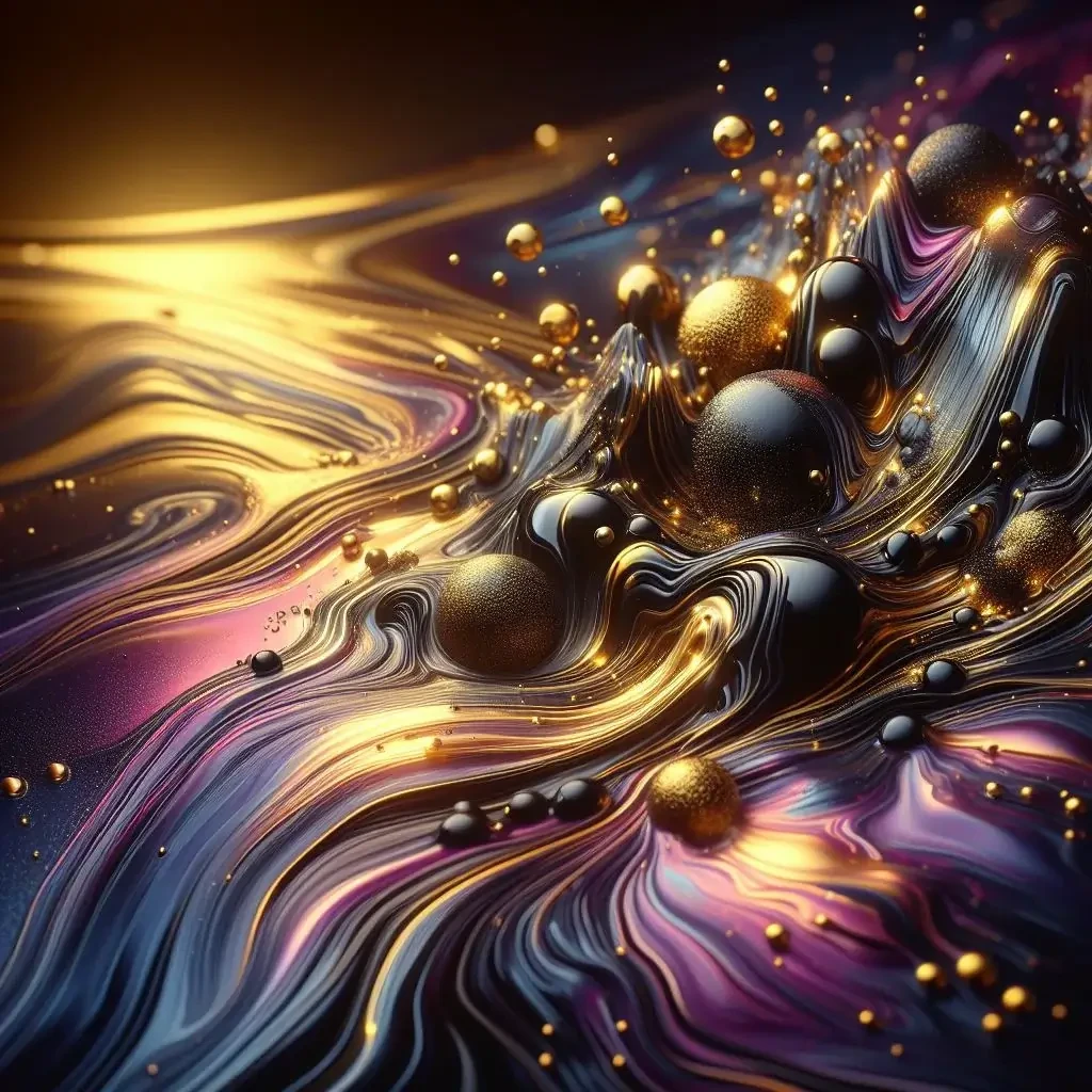 An abstract background of melting liquid with a metallic sheen, dark purple and gold colors with reflective studio light.