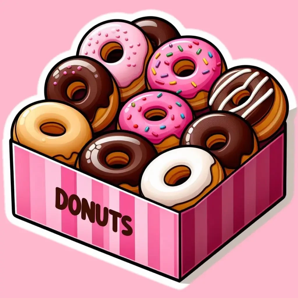 A group of assorted donuts in a pink bakery box.