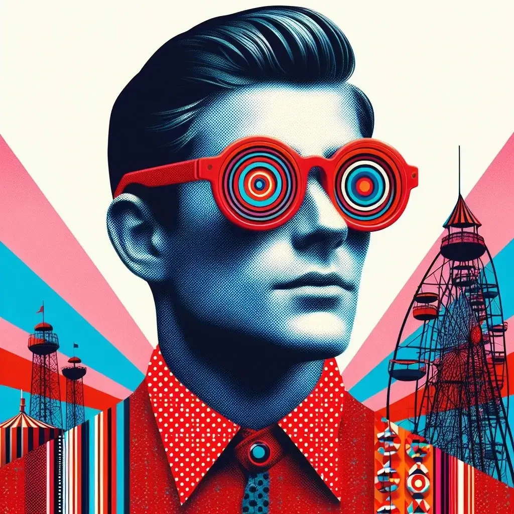 A portrait of a man in a digital collage style. The man is wearing thick red glasses with circular patterns in blue and orange on the inside of the frames. The man is in a red polka dot shirt with a background of thick, brightly colored lines in pink, blue, and red. Collaged into the background is a ferris wheel and a circus tent.