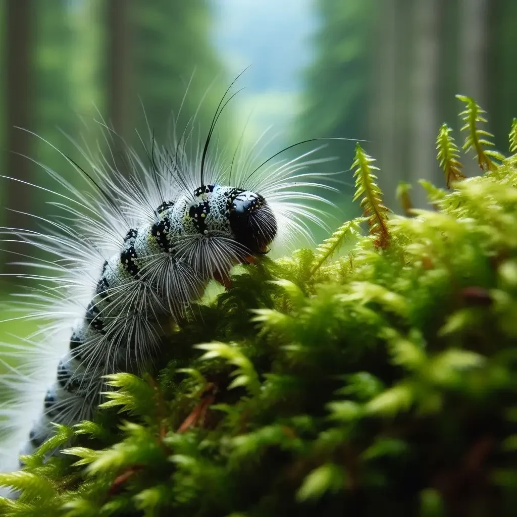 A profile view of a caterpillar crawling on a moss-covered rock with the lush, green forest in the background, macro view, detail, close-up.