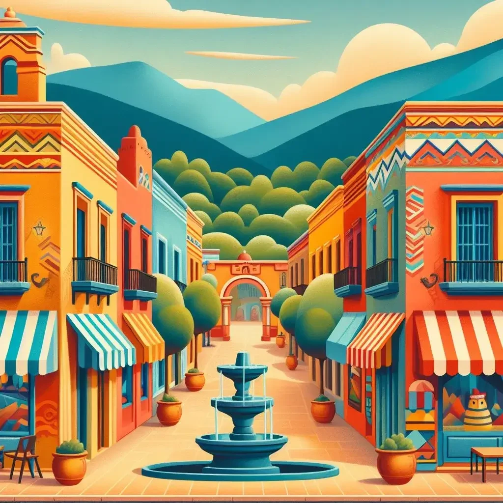 A colorful street scene in the style of Mexican mural art. The street has adobe-colored shops on both sides with striped awnings. There is a fountain in the center and trees and mountains in the distance.