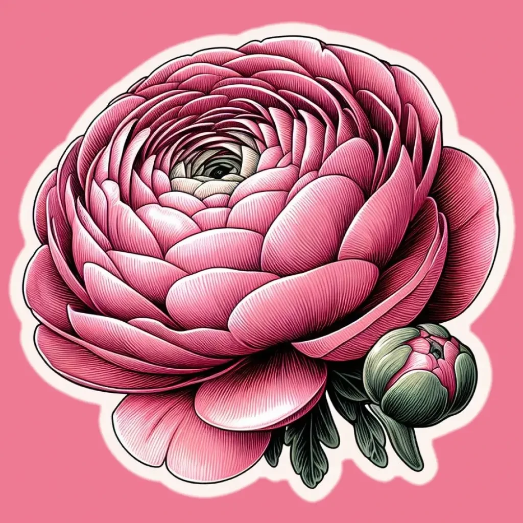A single pink ranunculus in the style of a vintage botanical drawing.