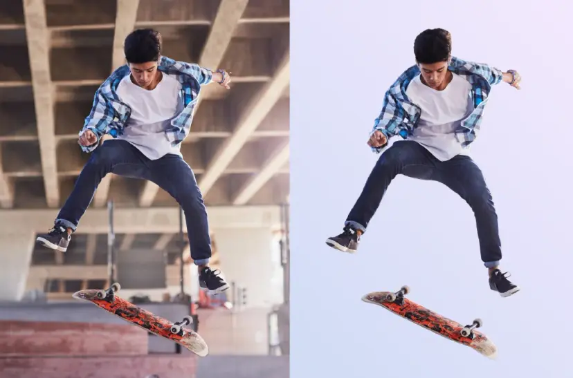 Side by side of the same image of a young person doing a skateboard trick, with the background removed from the image on the right