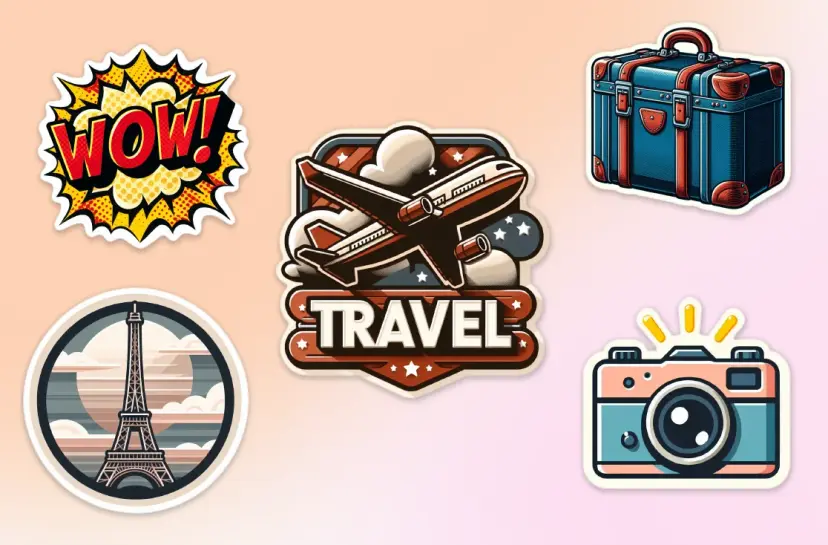 5 examples of stickers: "Wow!" in red and yellow comic book style, an illustration of an airplane that says "Travel" in gray and brown, a blue and brown suitcase, a pink and blue camera, and the Eiffel tower in a circle in pastels and grays