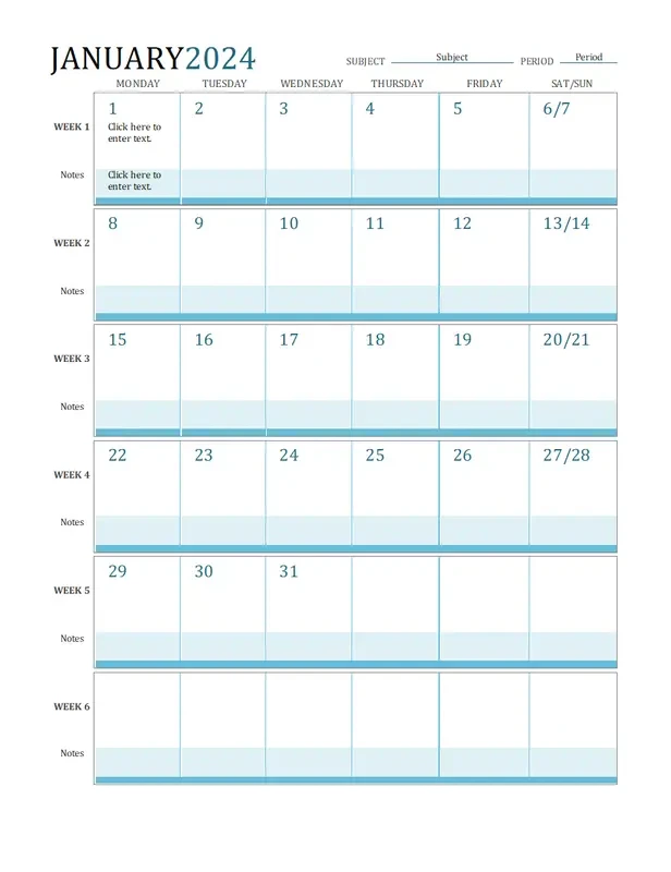 Lesson plan calendar blue modern simple