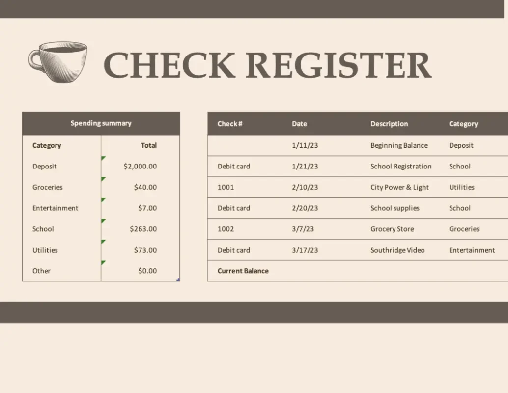 Check register with spending summary brown modern simple