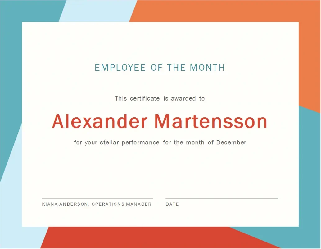 Employee of the month certificate orange modern-color-block