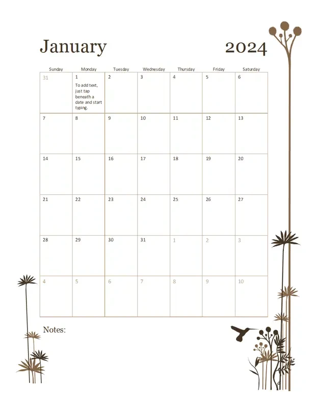 Hummingbird 12-month calendar (Sun-Sat) brown modern-simple