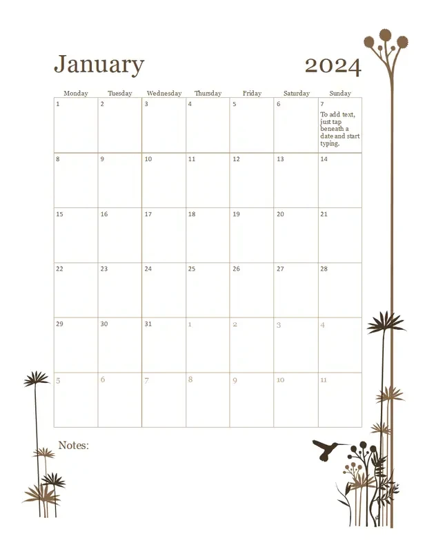 Hummingbird 12-month calendar (Mon-Sun) brown modern-simple