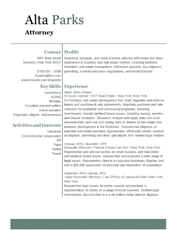 Attorney resume green modern-simple