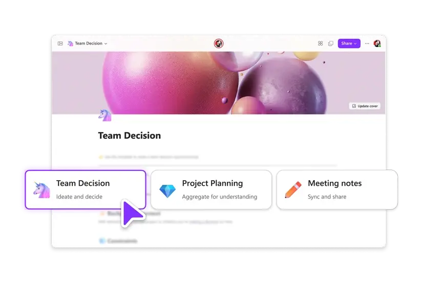 Opciones de plantilla de Microsoft Loop para decisión en equipo, plan de proyecto y notas de reunión